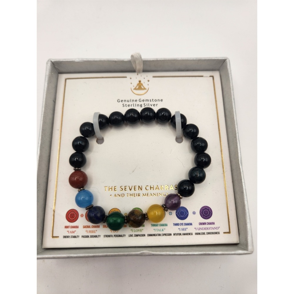 Genuine Gemstone Sterling Silver Seven Chakras‎ Beaded Stretch Bracelet